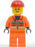 LEGO cty0031 Construction Worker - Orange Zipper, Safety Stripes, Orange Arms, Orange Legs, Red Construction Helmet, Brown Eyebrows, Thin Grin