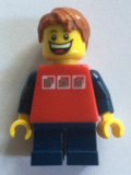 LEGO twn214 Red Shirt with 3 Silver Logos, Dark Blue Arms, Dark Blue Short Legs, Dark Orange Hair
